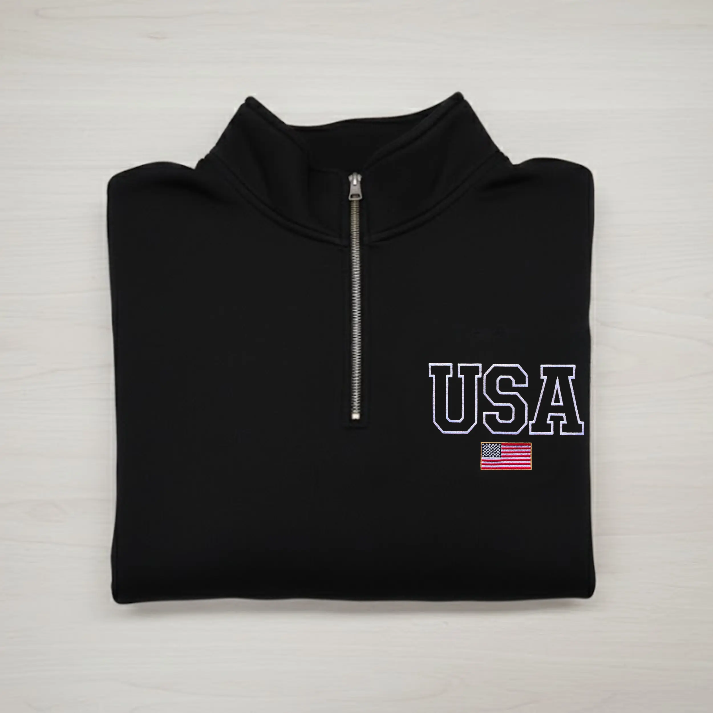 Vintage USA Embroidered Quarter Zip Sweatshirt Unisex Heavyweight Pullover Casual Cotton Fleece Half Zip Streetwear