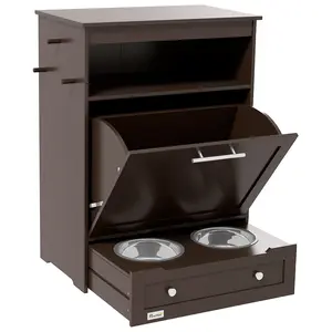 Pet Feeder Station Storage Cabinet – Dog Food Storage Container with Elevated Bowls. Pull-Out Drawer with 2 Bowls. 3 Hooks. Pull-Out Cabinet. Shelf & Countertop. Gray. Assembly Required