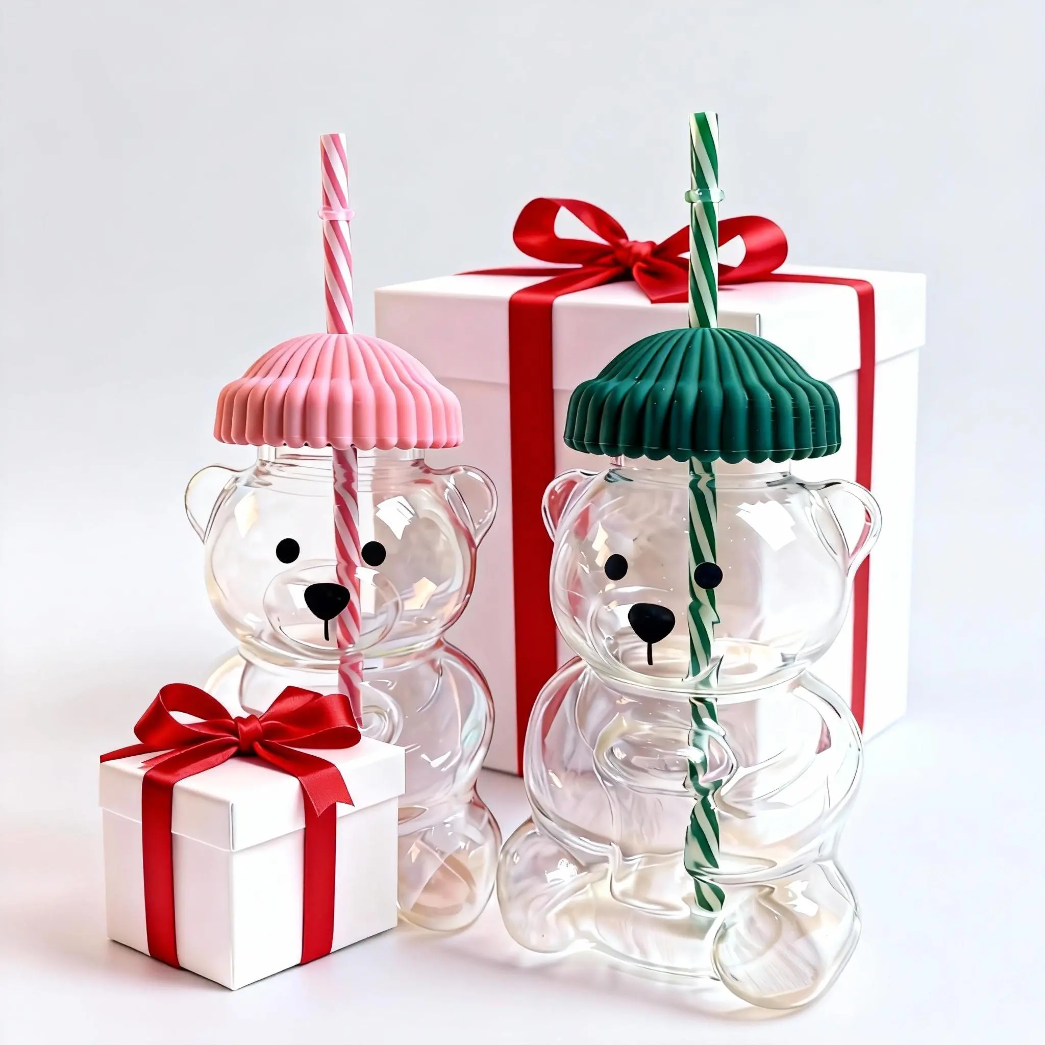 2026 Seasonal Limited Cute Bear Glass Straw Cup - Thermal, Washable, Reusable, Impact-Resistance Kitchen Drinkware with Pink Lid, Bear Pattern, Ideal for Coffee, Tea Water Bottle