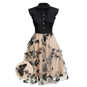 Women's 1950s Vintage Casual Sleeveless Floral Patchwork Print Sundress - Mesh Butterfly Accent, Front Buttons, No Drawers Sundress for Casual Wear