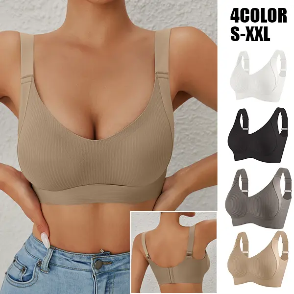 EssElegance Daily comfort level unlocked｜EssElegance Four-breasted Adjustable Bra, soft breathable ribbed seamless material, wireless push up women’s intimates