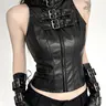 Punk Dark Style Metal Buckle Decorated Faux Leather Vest, Sweet Cool Girl Zipper Slim Fit Crop Top, No Sleeves Winter