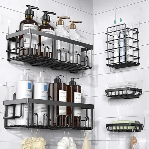 Jabukosu Shower Organizer, 5-Pack Adhesive Rustproof Stainless Steel Shower Shelves with Soap Holder, Adhesive Mount Saves Wall Drilling, Clutter Control for Renters’ Bathrooms, Multiple Shelves Separate Daily Items, Soap Stays Put, Shower Organizers, Mod