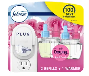 Febreze Air Freshener Plug In, Wall Diffuser, Plug in Air Fresheners for home, Downy April Fresh Scent, Odor Fighter for Strong Odors, 1 Warmer + 2 Oil Refills