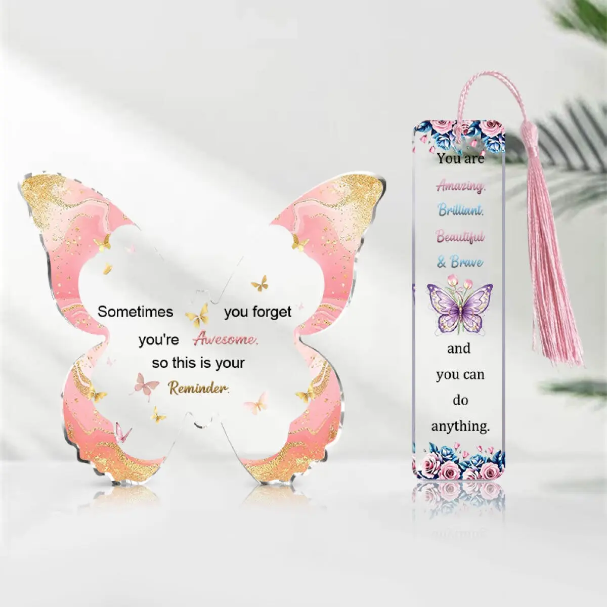 2pcs/set Pink Gold Butterfly Inspirational Acrylic Desktop Decoration + Floral Butterfly Tassel Bookmark, Gentle Gilded Commemorative Ornament, Suitable for Desk, Bedroom, Office Decoration, Birthday ＆ Holiday Gift for Girls
