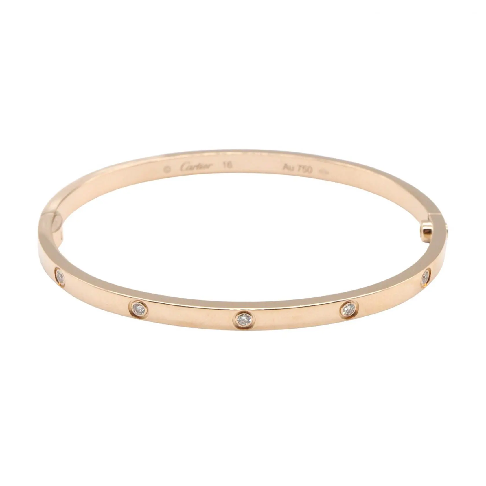 Pre-owned Cartier 18K Rose Gold (Au750) Small Leather Goods Love Au750 Pink Gold Diamond Bracelet Size 16