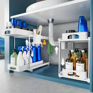 2 Pack Under Sink Organizers and Storage, 2 Tier Height Adjustable Double Sliding Organizer for Kitchen Bathroom Laundry Cabinet Countertop, White