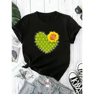 Black Short-Sleeve Loose-Fit T-Shirt For Plus-Size Women Featuring A Comfortable Cactus Heart And Desert Flower Graphic, Designed With A Vibrant Geometric Applique For Summer Wear