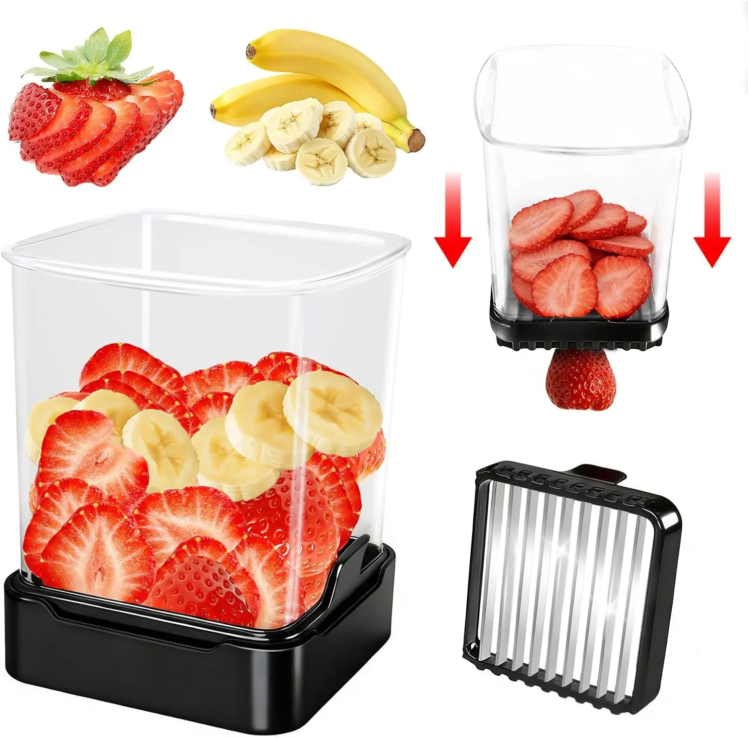 Fruit Slicer Cup for Strawberry, Banana, Hard-Boiled Egg - Detachable with Push - 304 Stainless Blade - & Safe Slicing Gadget for Quick Meal Prep (Black)