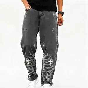WIRDATRD Men's Washed Denim Jeans with Cross Logo Slanted Pockets All Season Skeleton Print Graphic for Street Outfit
