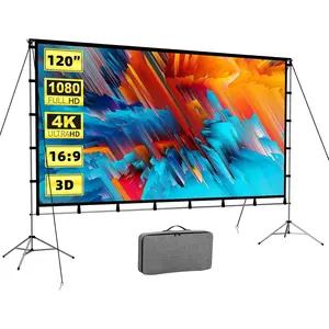 120 Inch Projector Screen with Stand, 16:9 4K , Video Projector Screen Indoor Outdoor Front/Rear with Carry Bag, Movie Screen for  Backyard Camping Theater