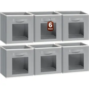 11 Inch Storage Cube - Cube Storage Bins with Window, Closet Storage Baskets with Handle, Fabric Bins for Closet, Shelves, Toys, Clothes, Set of 6, Grey
