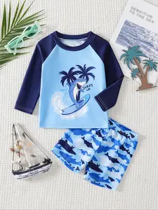 Valentine's Day & Birthday Gift, Baby Boys' Sun-Protective Rash Guard Set, Shark Surf Print, Color-Block Long-Sleeve + Shark Shorts, Cute Trendy Style, Ideal for Pool, Beach & Valentine's Day, Swimwear