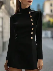 Elegant Women's Solid Color Mock Neck Long Sleeve Lady Mini Dress, Decorative Buttons, Tight-Fitting Hip Skirt Design For Fall/Winter/Spring, Womenswear