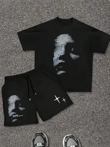 Men's Graphic Print Short Sleeve Tee & Shorts Two-piece Set, Regular Fit Casual Round Neck T-shirt & Track Shorts, Summer Men Clothes Set for Outdoor