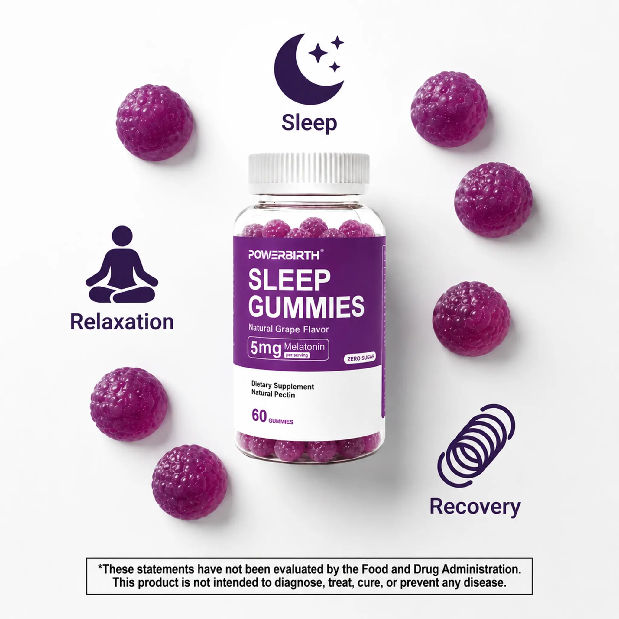 POWERBIRTH - 1 bottle (60 gummies), melatonin sleep gummies, melatonin dietary supplement, melatonin gummies, 5 mg of melatonin, melatonin gummies (plant-based melatonin) sleep gummies with a fruit-based gelling matrix, naturally flavored grape gummies
