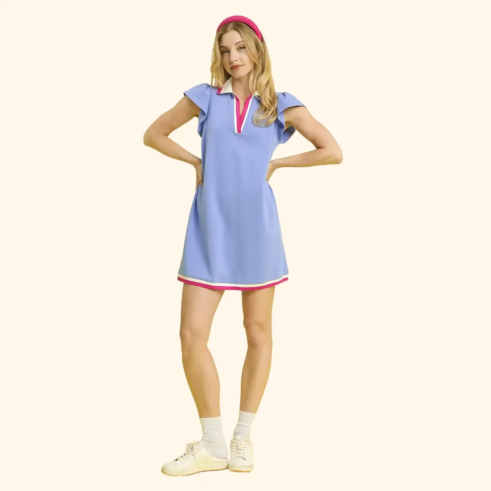 Preppy Periwinkle Cap Sleeve Polo Mini Dress - Sporty Chic & Summer-Ready with Bold Pink Trim & A-Line Cut for Effortless Chic Style
