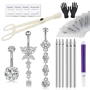 Yugui Belly Button Piercing Kit 17PCS - Body Piercing Kit with Navel Rings Piercing Pliers Disposable 12G 14G Stainless Steel Piercing Needles Tools for DIY Piercing Self Belly Piercing Kit, Silver