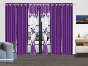 6-Piece Curtain Set | 2 Printed + 4 Solid | Semi-Sheer | 38"x84" | Floral Collection: Blue+Red, Purple Gardenia, Red Peony, Green Rose | Perfect for Living/Dining/Study/Bath