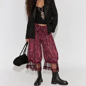 Mundoven Women Lace Trim Long Bloomers Y2k Floral Ruffle Elastic Mid Rise Pettipants Cropped Flared Slips Pants