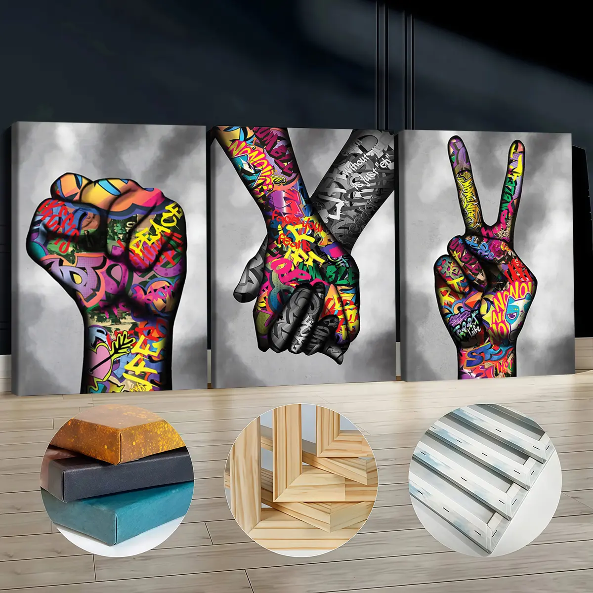 3Pcs Artistic Wooden-Framed Canvas Artwork - Odourless Graffiti Hands, Peace and Fist Designs, Wall Decor for Living Room, Office, Restaurants