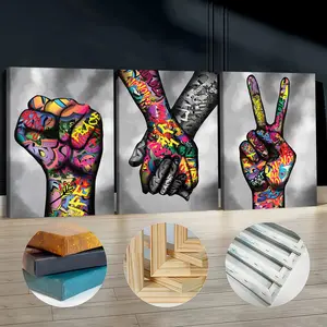3Pcs Wooden Framed Canvas Painting, Graffiti Hands Peace And Fist Images, Exquisite Poster, Home Decoration, Pattern Wall Art Decor, For Living Room, Bedroom, Office, Restaurant, Bar Wall Decor, Odorless, Painting, Print Artwork.