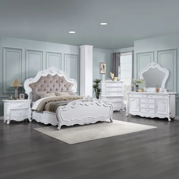 Acme BD02254Q 4-Piece Latisha Traditional Carved White Finish Wooden Bedroom Set - Queen Bed Set, 1 Nightstand, Bedroom Decor, Dresser (71"x22"x39"h), Chest Available Separately at Additional Cost