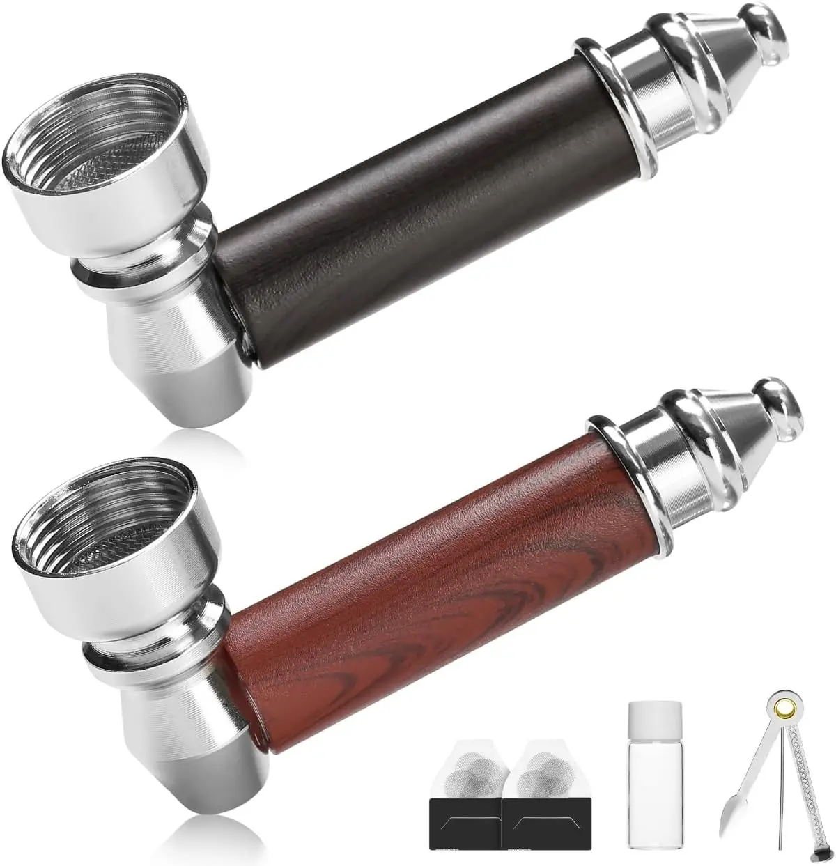 2PCS Tobacco Pipe Set – Wooden Classic Texture Smoking Pipes in Red and Black with Smooth Handle Finish – Includes Pouch for Everyday Use and Gifting