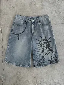 American Style Statue of Liberty Print Light Blue Summer Retro Jeans Shorts, Men's Versatile Casual Loose Fit Straight Leg Pants