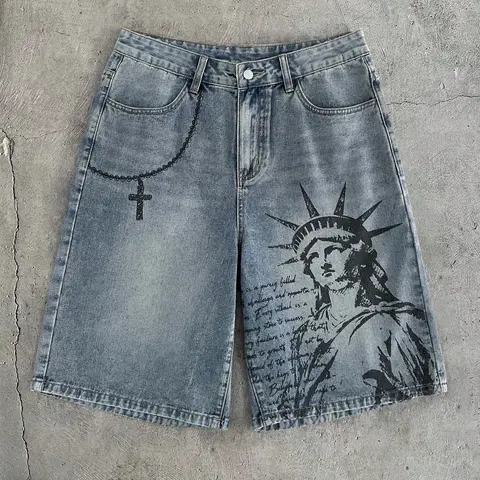 American Style Statue of Liberty Print Summer Retro Jeans Shorts, Men's Classic Versatile Casual Loose Fit Straight Leg Shorts, Light Blue Streetwear Fashion, Vintage Menswear