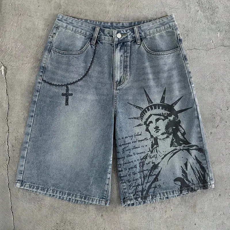 American Style Statue of Liberty Print Summer Retro Jeans Shorts, Men's Classic Versatile Casual Loose Fit Straight Leg Shorts, Light Blue Streetwear Fashion, Vintage Menswear