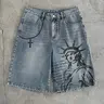 American Style Statue of Liberty Print Summer Retro Jeans Shorts, Men's Classic Versatile Casual Loose Fit Straight Leg Shorts, Light Blue Streetwear Fashion, Vintage Menswear