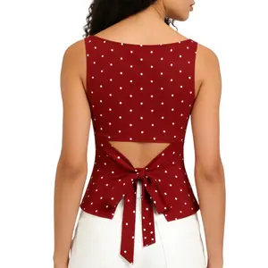 Songling Women's Polka Dot Tank Top: Boat Neck, Bow at the Back, Cute Y2K-Style Sleeveless Top, Fitted Cut, Side Pleats, Casual Top