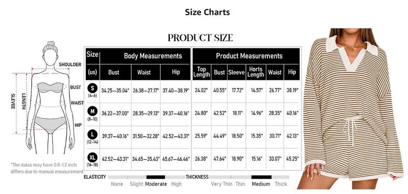 MEROKEETY Lounge Sweater Sets for Women 2 Piece Outfits Casual Long Sleeve Striped Tops Shorts Matching Set