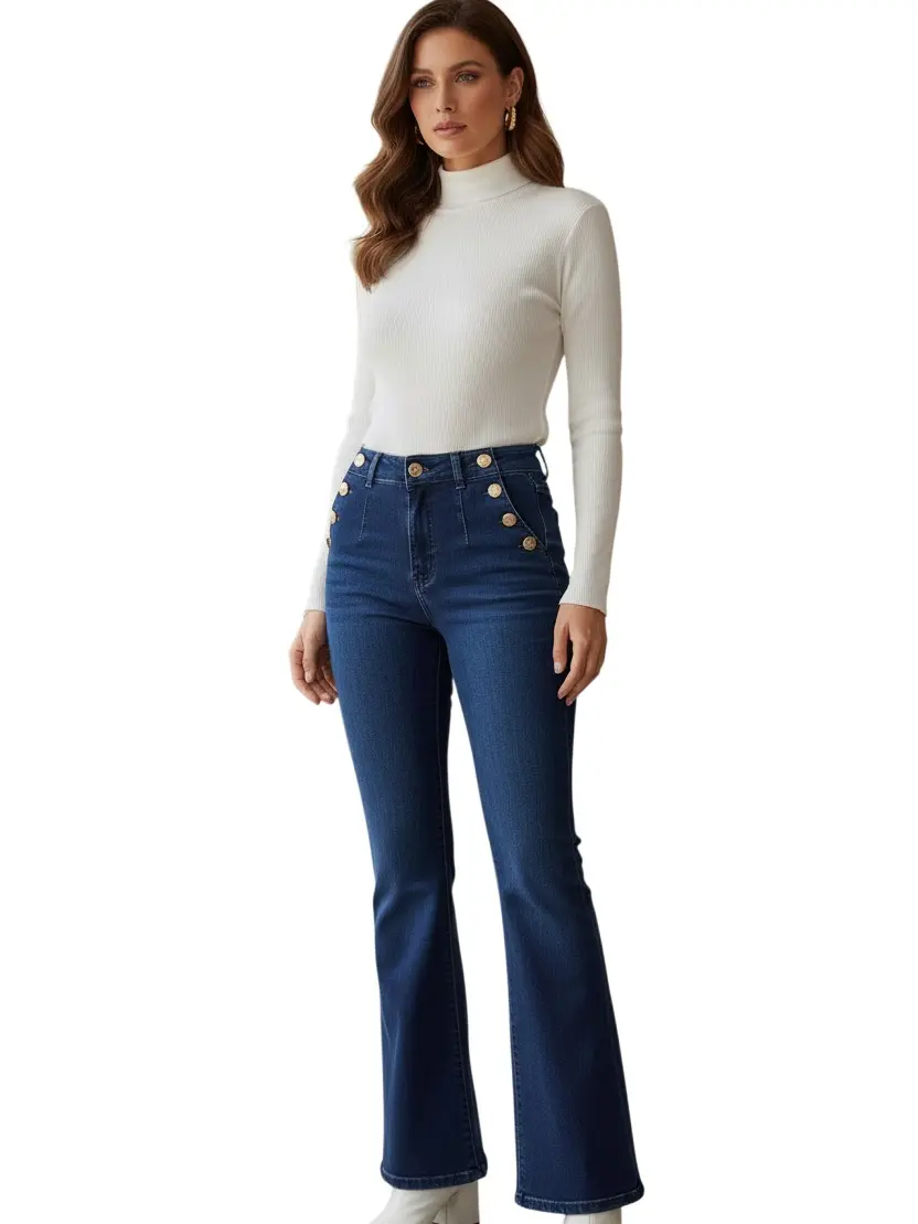 Parisian Sailor Jeans Indigo Gold Button Super High Rise Straight Leg Inseam 30"