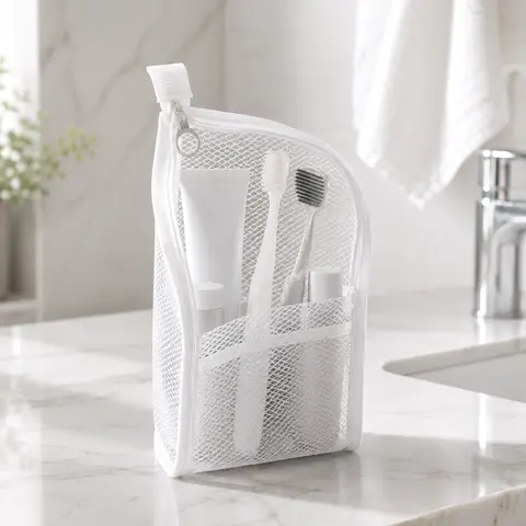 Mesh Zipper Toiletry Storage Pouch, Multi-Pocket Travel Cosmetic Organizer Bag, Breathable Bathroom Counter Storage for Toiletries, Makeup & Daily Essentials