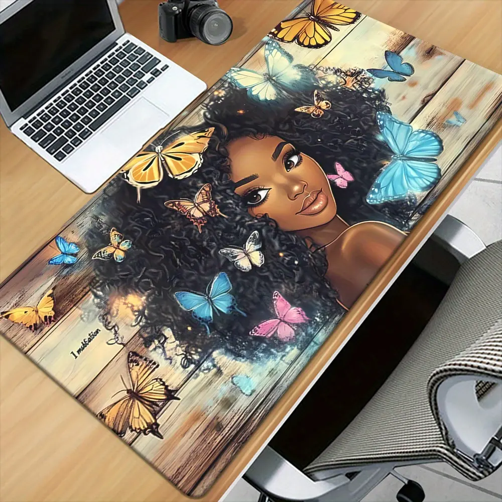 1pc Black girl wooden butterfly Printing Large Mousepad, Keyboard Gaming Accessories Mouse Mat, Office Computer PC Gamer Laptop Desk Mat, Natural Rubber Anti-Slip Office Mouse Pad