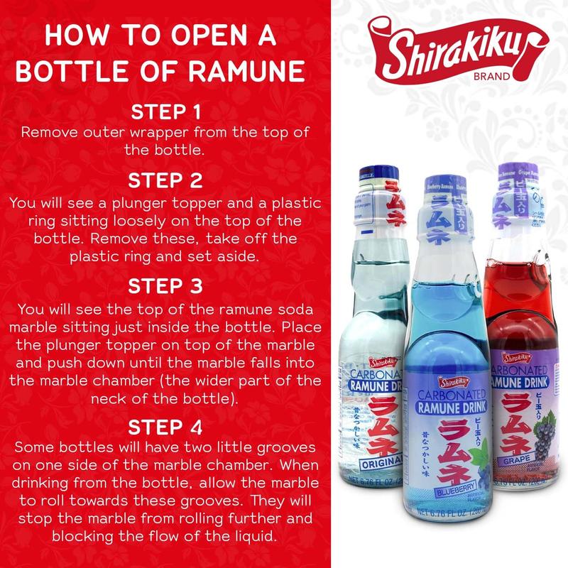 Shirakiku Ramune Japanese Soda Variety Pack - Pack of 6 Japanese Marble Soda Flavors Including Strawberry, Melon, Lychee, Grape & Blueberry - 6.76 fl oz Bottles - Beverage, Fruit