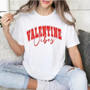 Valentine Vibes Graphic T-Shirt Women Varsity Style Red Lettering Short Sleeve Tee Preppy Collegiate Retro Top Casual Cotton Valentine's Day Gift