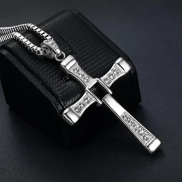 Toretto Cross Pendant, Stainless Steel Necklaces for Women and Men, Biker Style Movie Inspired Jewelry Gift with Glossy Finish, Cross Chain Design