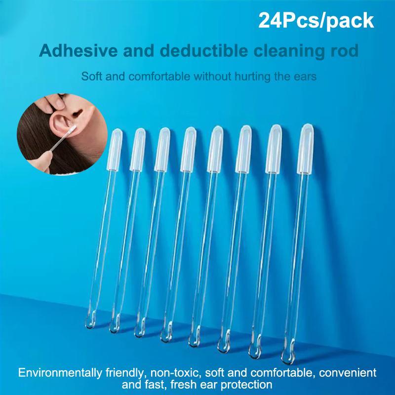 A set of 24 sticky ear sticks designed for easy, safe, and comfortable earwax cleaning at home