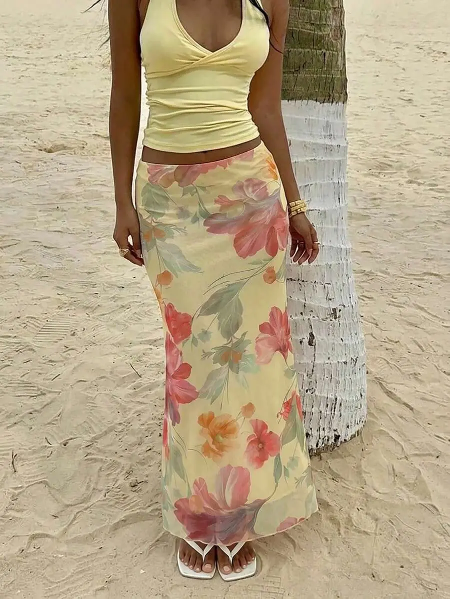 Women's Pastel Yellow Floral Print Low Waist Skirt Summer Beach Vacation Boho Skirt