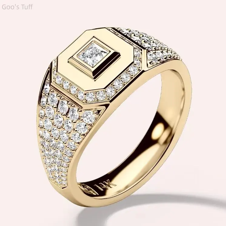 Men's European Bold Band Ring, Gold-Plated with Full Paved Zircon and Inlaid Crystals for Daily Wear and Club Events, Rings