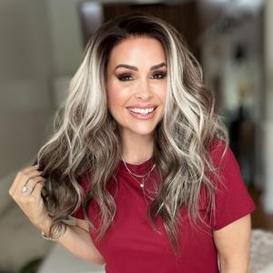 A06 by AISOM Free Part Beach Wave Brunette with Blonde Highlight Natural Hairline Low Density 13x4 HD Lace Front Wig 18 inches Heat Friendly Synthetic Hair