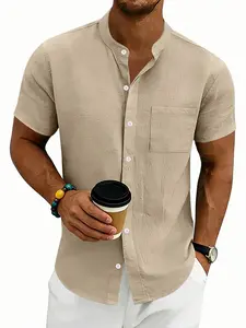 Men's Hawaiian Style Linen Short Sleeve Shirt, Casual Stand Collar Summer Top, Retro Design for Men, Comfortable and Stylish