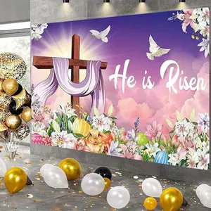 1PC 2D Flat Christian Easter Decoration Door Banner - "He is Risen" Backdrop with Cross, Rabbit, Eggs, Flowers, Polyester Fabric for Party Photo Background, Birthday Festival Wall Hanging