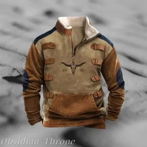 Mens Cowboy Sweatshirt Vintage Print Western Aztec Sweatshirt Casual Long Sleeve 1/4 Zip Fleece Pullover Menswear Retro