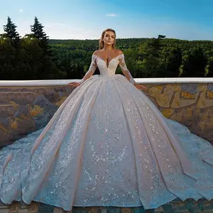 2025MainWeddingDressFashionShinyLongSleeveBallGownWaist-CinchingBacklessSequinWeddingDress