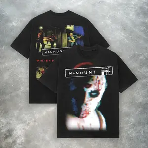 Manhunt Video Game Retro Horror Graphic T-Shirt Streetwear Aesthetic Tee, Gildan 5000 100% Heavy Cotton, Premium Quality Print Nostalgic Gaming Merchandise Gift for Horror Fans