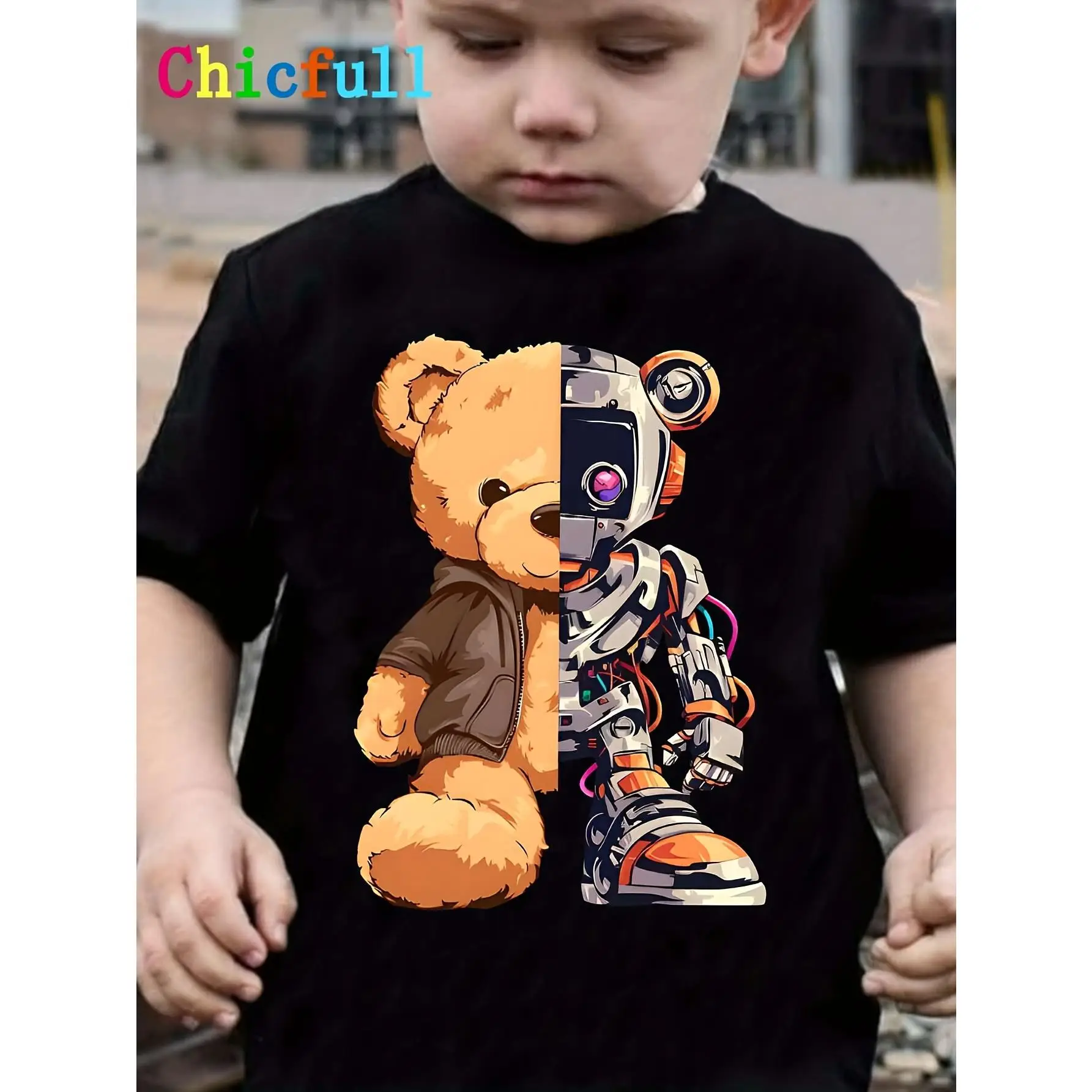 Boys' Cartoon Mechanical Bear Print T-Shirt, Casual Crew Neck Polyester Knit Tee, Stretchy Regular Fit Top for Kids - Spring/Summer Collection